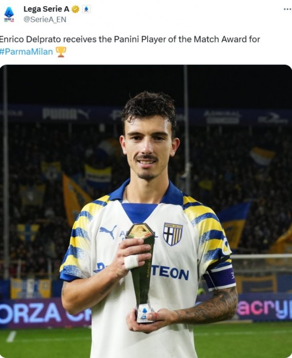 打入扳平得分  ，意甲官方：帕尔马后场球员普拉托当选战平米兰全场最佳